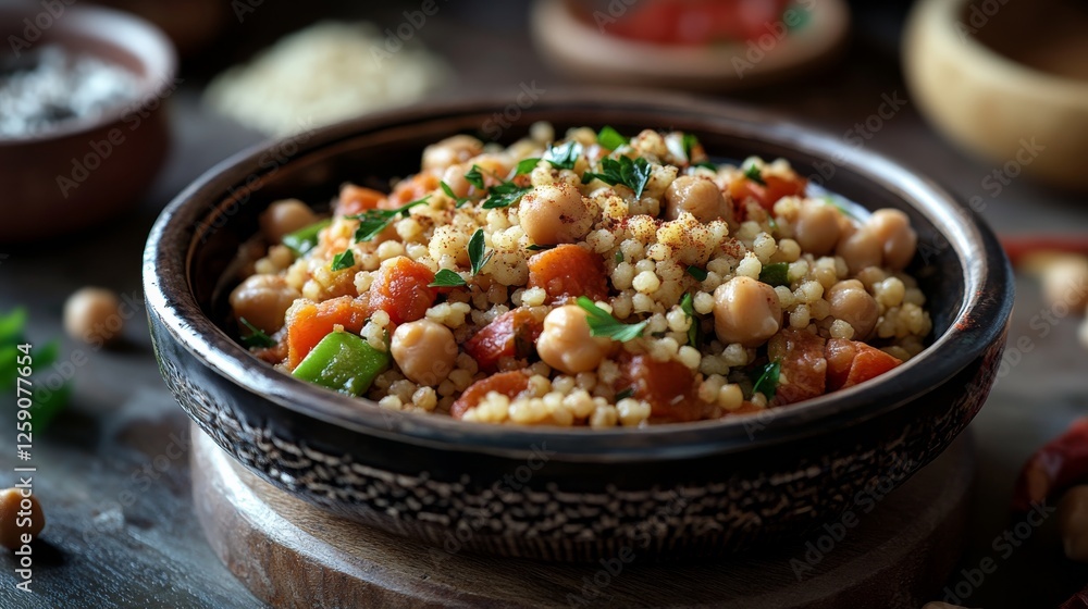 Traditional Moroccan couscous with vegetables and chickpeas. Featuring a flavorful and nutritious dish. Highlighting the texture and ingredients of the couscous. Ideal for food and cultural themes. Traditional Moroccan couscous with vegetables and chickpeas. Featuring a flavorful and nutritious dish. Highlighting the texture and ingredients of the couscous. Ideal for food and cultural themes.