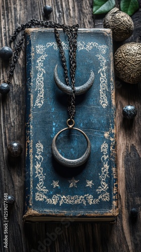 Elegant vintage jewelry featuring ornate crescent moon pendant and antique book creating an atmosphere of timeless sophistication and mysterious allure photo