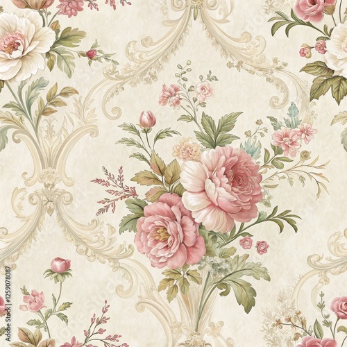 Elegant Baroque Floral Seamless Pattern Pink Roses and Ornate Design,Wallpaper,Textile Floral pattern, Baroque design