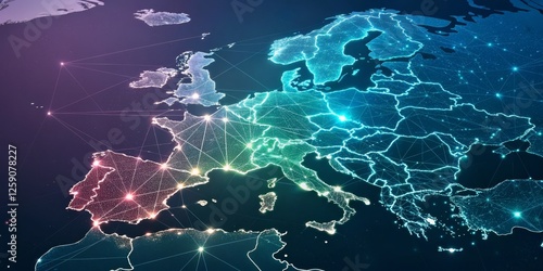 Europe Network Connected Countries, Abstract Polygonal Map, Global Connectivity, Digital illustration Global Network, Europe Map