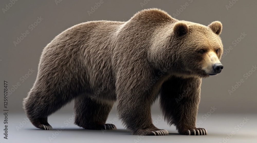 Obraz premium Powerful brown bear standing on grey background.