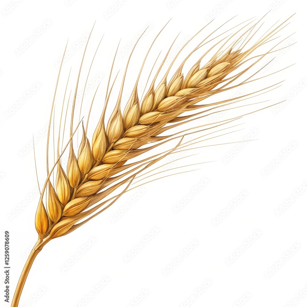 Golden Wheat Ear Detailed Botanical Illustration, Harvest Concept, White Background, ,wheat, grain Golden Wheat Ear Detailed Botanical Illustration, Harvest Concept, White Background, ,wheat, grain