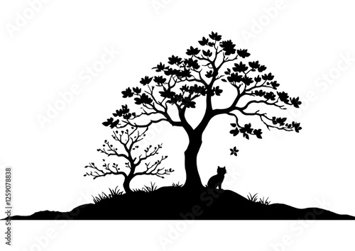 Black Cat Under Blossom Trees Silhouette Against White Background