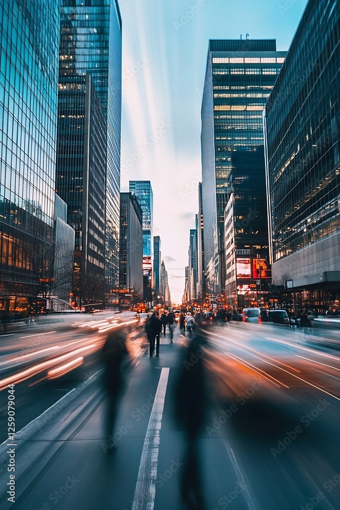 Obraz premium Dynamic Cityscape with Blurred Motion of People and Vehicles : Generative AI