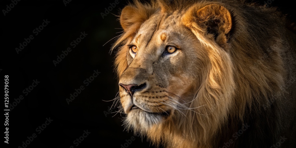 Naklejka premium Majestic Lion Profile Golden Hour Lighting, Close-up Composition, Wildlife Portrait, Lion Photography Lion, Wildlife photography