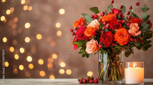 Fototapeta Naklejka Na Ścianę i Meble -  Brightly colored roses in a clear vase with candles and bokeh lights