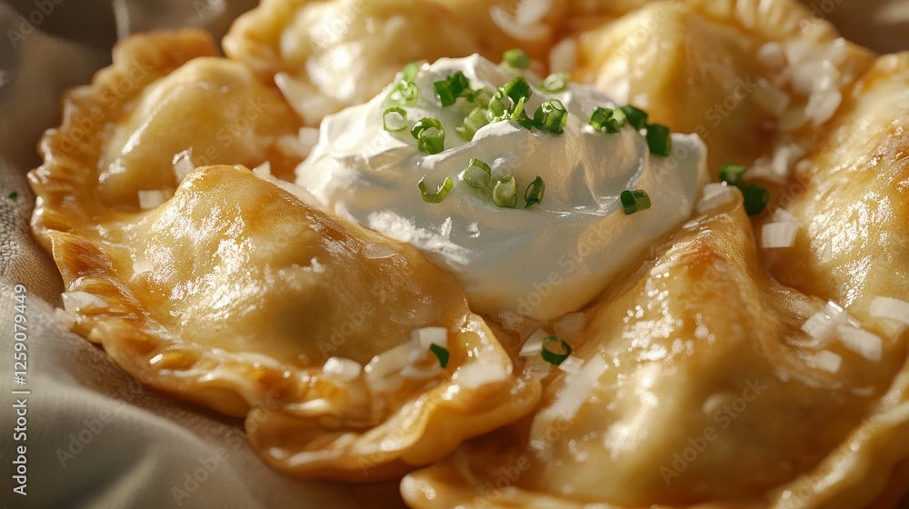 Traditional Polish pierogi with sour cream and onions. Featuring a comforting and savory dish. Highlighting the texture and flavors of the pierogi. Ideal for food and cultural themes. Traditional Polish pierogi with sour cream and onions. Featuring a comforting and savory dish. Highlighting the texture and flavors of the pierogi. Ideal for food and cultural themes.