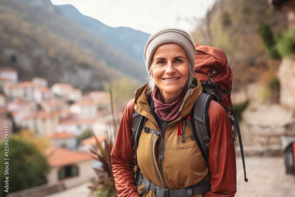 Portrait of smiling senior woman hiker with backpack standing on the street in old town Portrait of smiling senior woman hiker with backpack standing on the street in old town