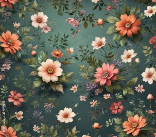 Whimsical swirling motifs of blooms and foliage in a distressed retro aesthetic, design, wallpaper