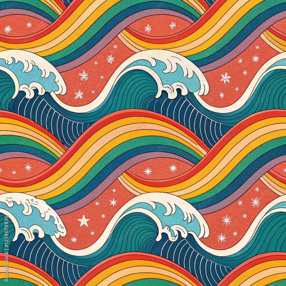 Rainbow Wave Seamless Pattern Retro Japanese Style, Digital Art, Ocean, Colorful, , illustration Seamless pattern, digital art Rainbow Wave Seamless Pattern Retro Japanese Style, Digital Art, Ocean, Colorful, , illustration Seamless pattern, digital art