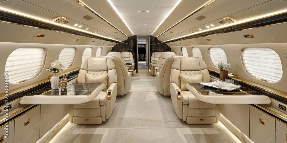 Obraz premium Luxurious Interior of a Private Jet with Plush Leather Seating and Elegant Decor Showcasing the Epitome of Comfort and Exclusive Air Travel Experience