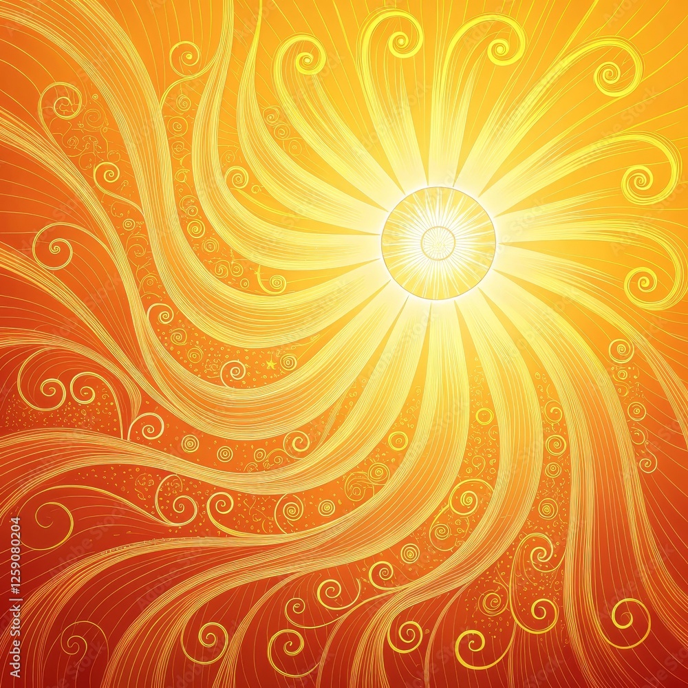 Obraz premium Sunburst Swirl Orange and Gold Abstract Art, sun, energy