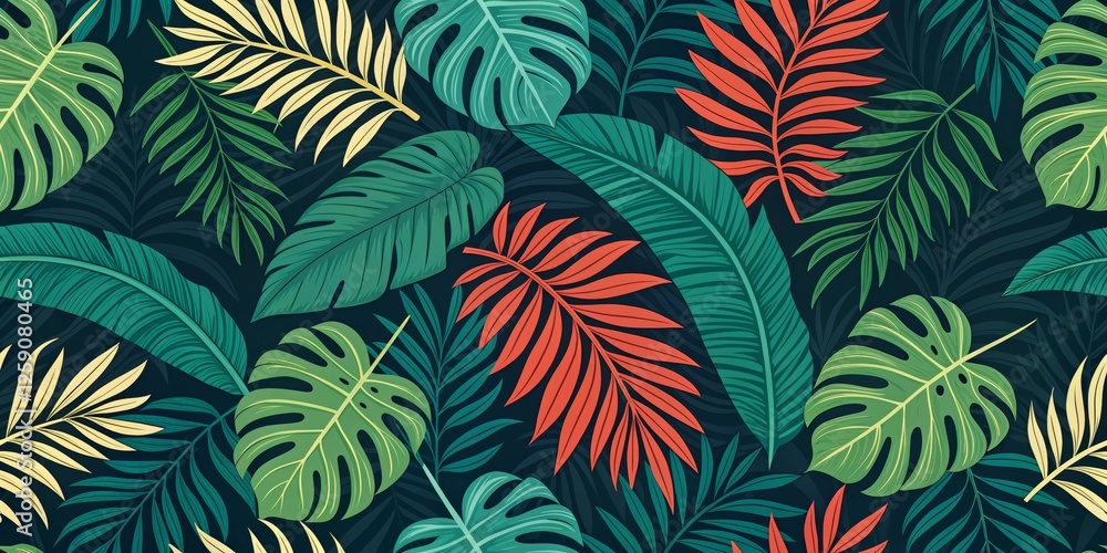 Fototapeta premium Tropical Leaf Seamless Pattern Dark Teal Background, Lush Greens and Reds, Illustration, Jungle Foliage Tropical, Pattern