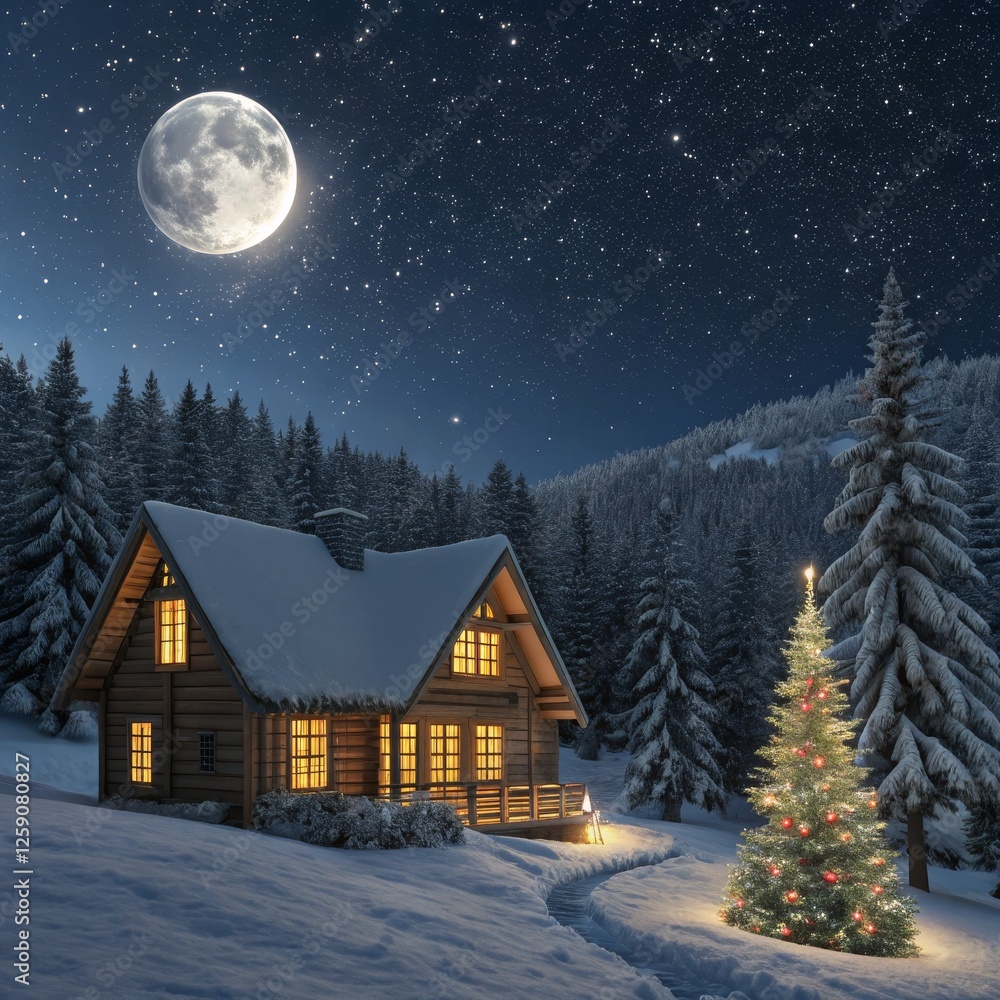 Winter Cabin Moonlit Night Snow, Christmas Tree, Log Home, Full Moon, Starry Sky, Winter Wonderland Christmas, Winter scene Winter Cabin Moonlit Night Snow, Christmas Tree, Log Home, Full Moon, Starry Sky, Winter Wonderland Christmas, Winter scene