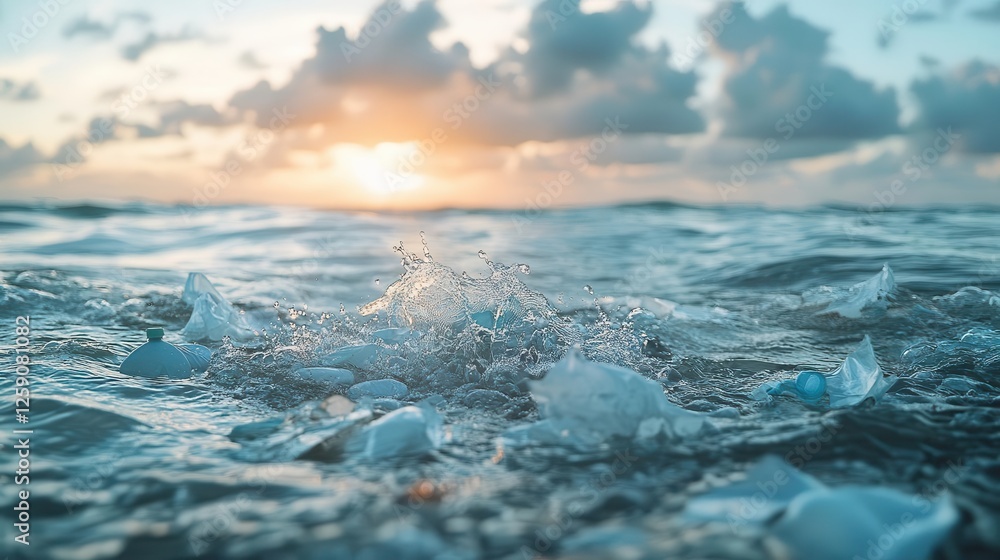 Obraz premium Pollution, close-up of plastic waste floating in the ocean, soft waves in the background