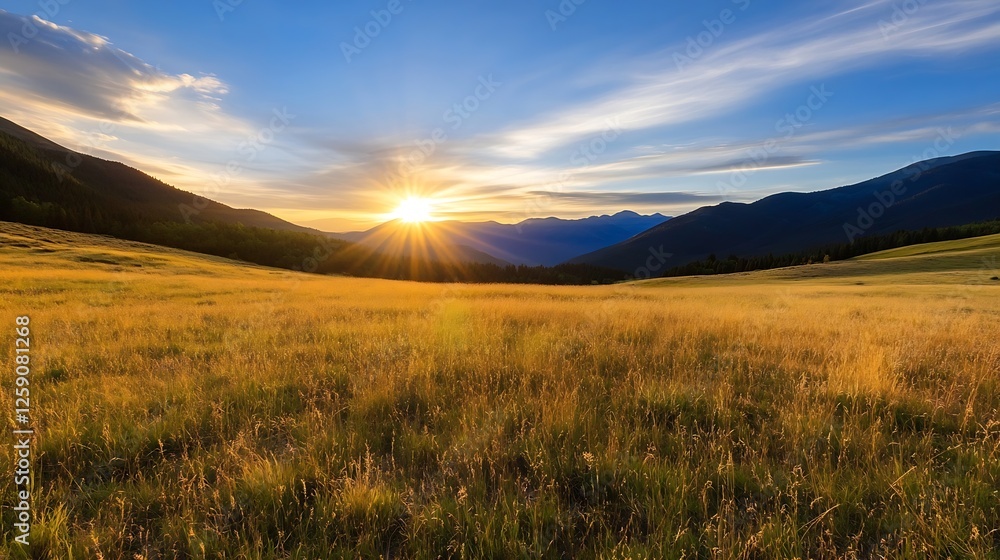 Golden Hour Sunset Over Mountain Range and Green Meadow Landscape : Generative AI Golden Hour Sunset Over Mountain Range and Green Meadow Landscape : Generative AI