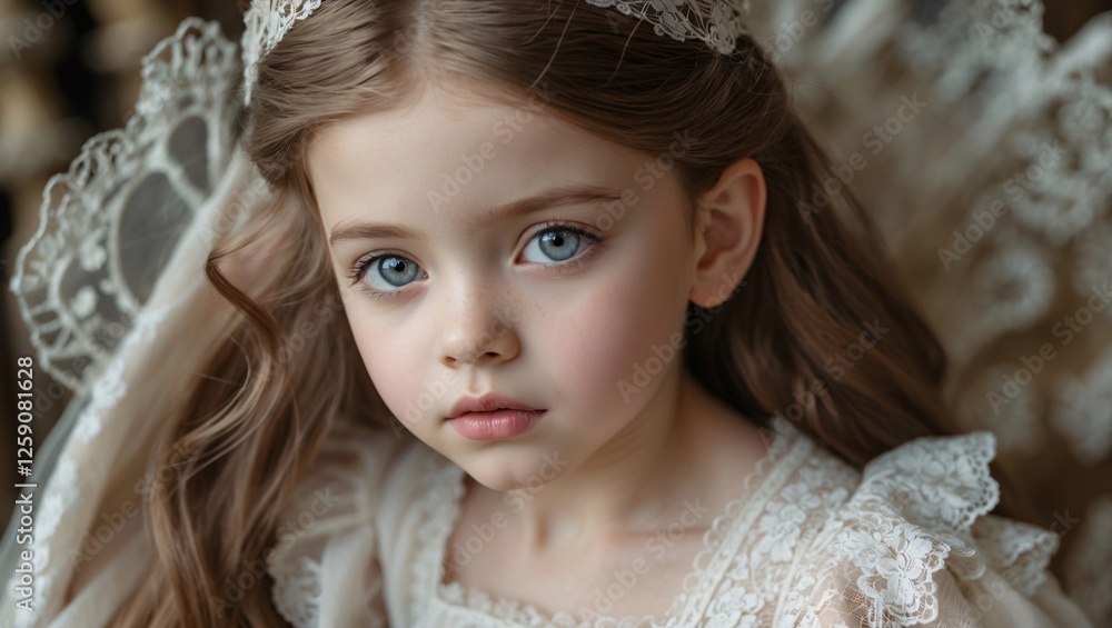 Captivating portrait of a young girl in a delicate lace dress and veil, embodying innocence and beauty in an enchanting atmosphere of timeless elegance Captivating portrait of a young girl in a delicate lace dress and veil, embodying innocence and beauty in an enchanting atmosphere of timeless elegance