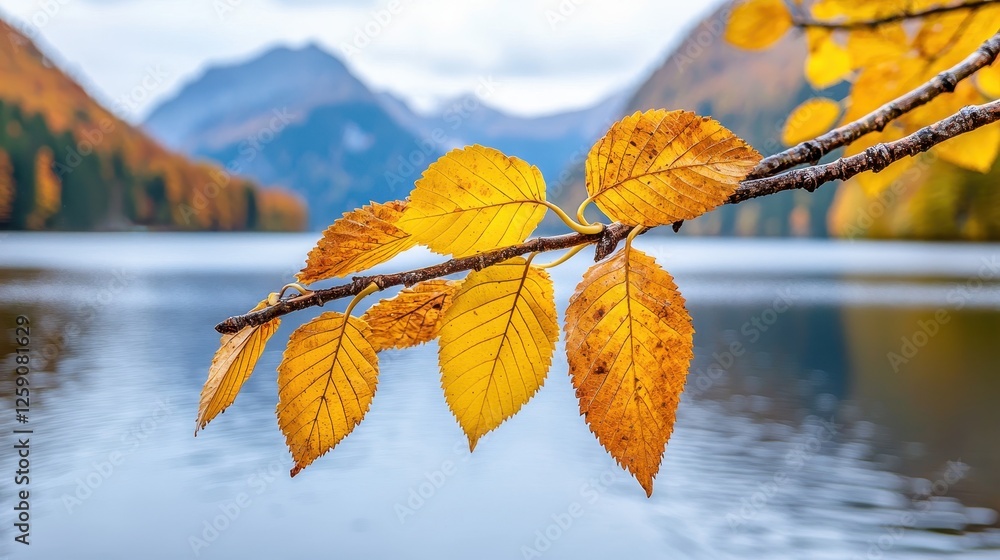 Obraz premium A close-up of vibrant yellow leaves on a branch, overlooking a serene lake surrounded by mountains in autumn.