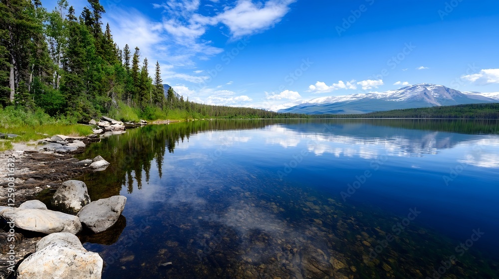 Fototapeta premium Idyllic Natural Lake Surrounded by Pine Trees and Mountains : Generative AI