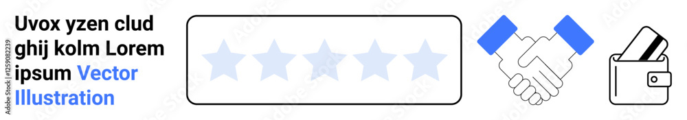 Obraz premium Five-star rating system, handshake, and wallet with credit card icons representing customer feedback, business agreements, and payment transactions. Ideal for reviews, services, partnerships