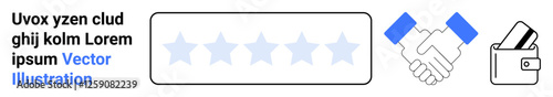 Five-star rating system, handshake, and wallet with credit card icons representing customer feedback, business agreements, and payment transactions. Ideal for reviews, services, partnerships