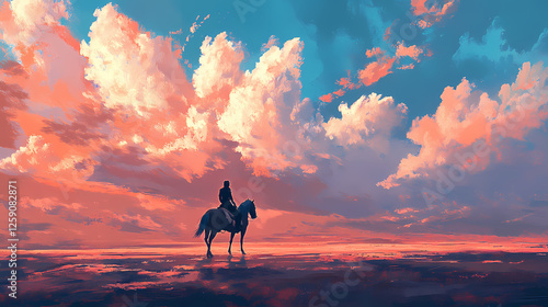 A lone rider on horseback traverses a vast landscape under a dramatic sky filled with clouds. Silhouette Nomads. Illustration photo