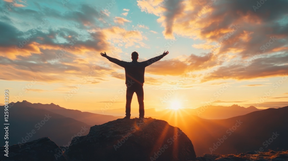 Fototapeta premium Man Stands on Mountain Peak with Arms Raised at Sunrise Embracing Freedom