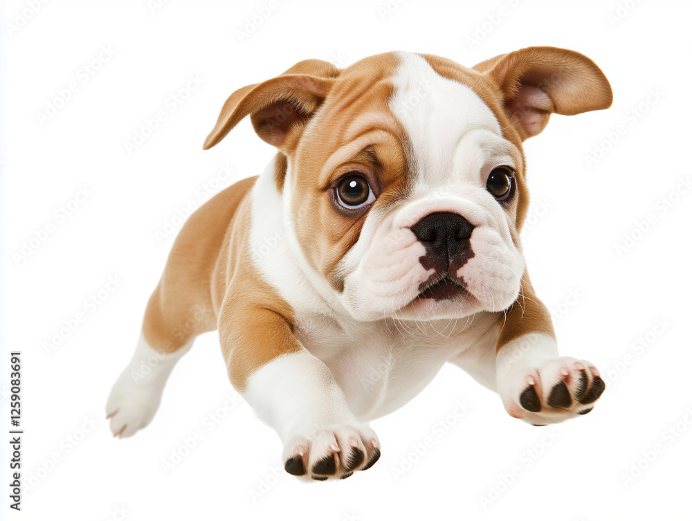 Playful Bulldog puppy jumping, showcasing cute and happy domestic pet face. Playful Bulldog puppy jumping, showcasing cute and happy domestic pet face.