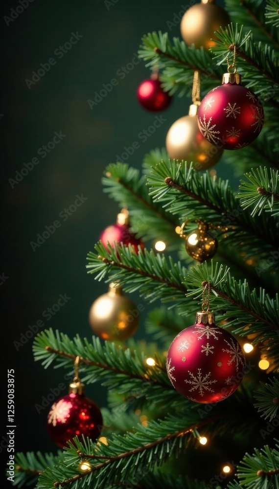 Christmas tree branches with ornaments hanging from gold chains, ornaments, holly, christmas trees Christmas tree branches with ornaments hanging from gold chains, ornaments, holly, christmas trees