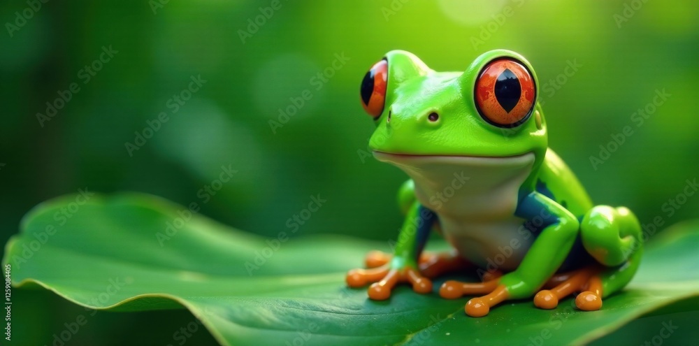 Cartoon green frog looking at leaf with big eyes , funny, leaf, green frog Cartoon green frog looking at leaf with big eyes , funny, leaf, green frog