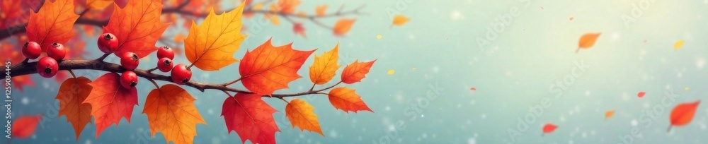Obraz premium Cartoon illustration of autumn branch with colored leaves and berries, autumn, foliage, illustrations