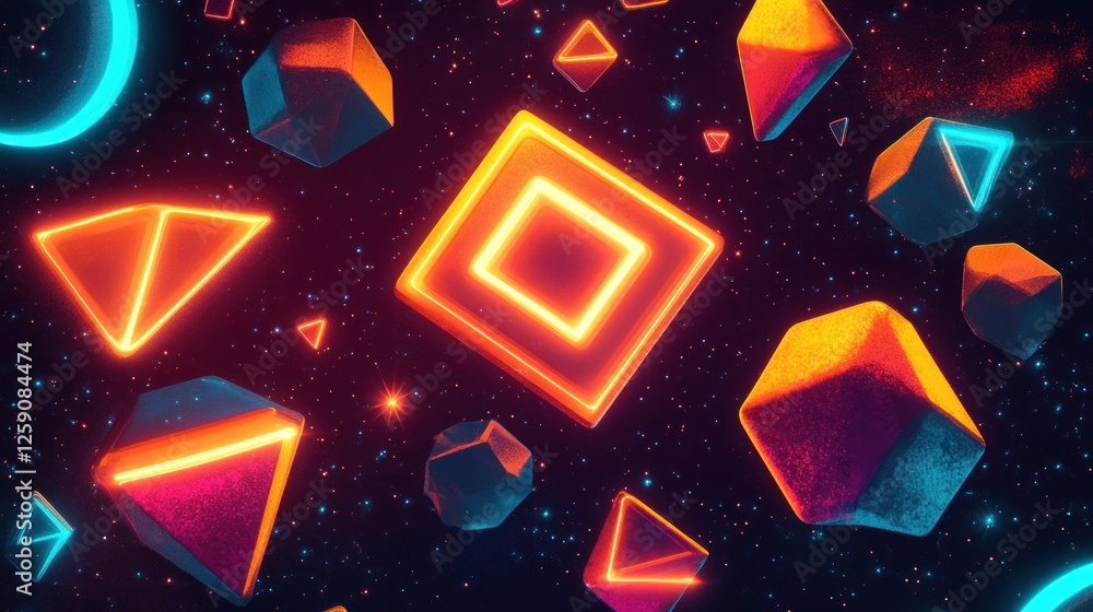Obraz premium Glowing geometric shapes float in a dark, starry space.