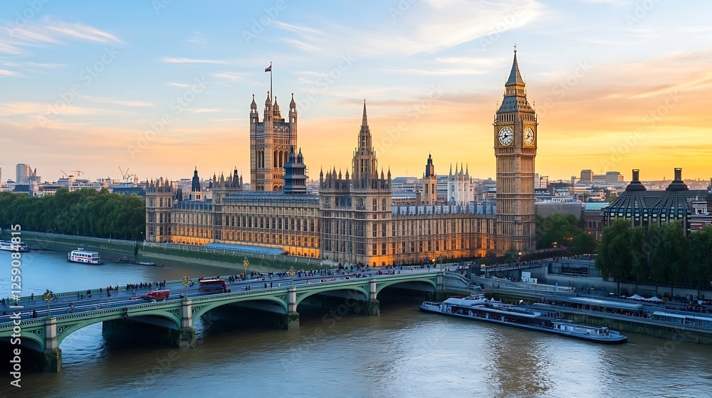 Naklejka premium Majestic View of Big Ben and Houses of Parliament at Dusk in London City : Generative AI
