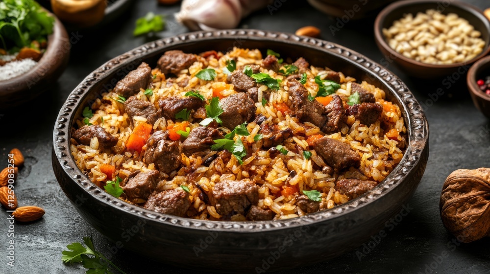 Traditional Turkish pilaf with rice, lamb, and nuts. Featuring a flavorful and aromatic dish. Highlighting the texture and spices of the pilaf and lamb. Ideal for food and cultural themes. Traditional Turkish pilaf with rice, lamb, and nuts. Featuring a flavorful and aromatic dish. Highlighting the texture and spices of the pilaf and lamb. Ideal for food and cultural themes.