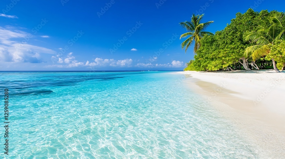 Fototapeta premium Idyllic Tropical Beach with Turquoise Water and Lush Green Palm Trees : Generative AI