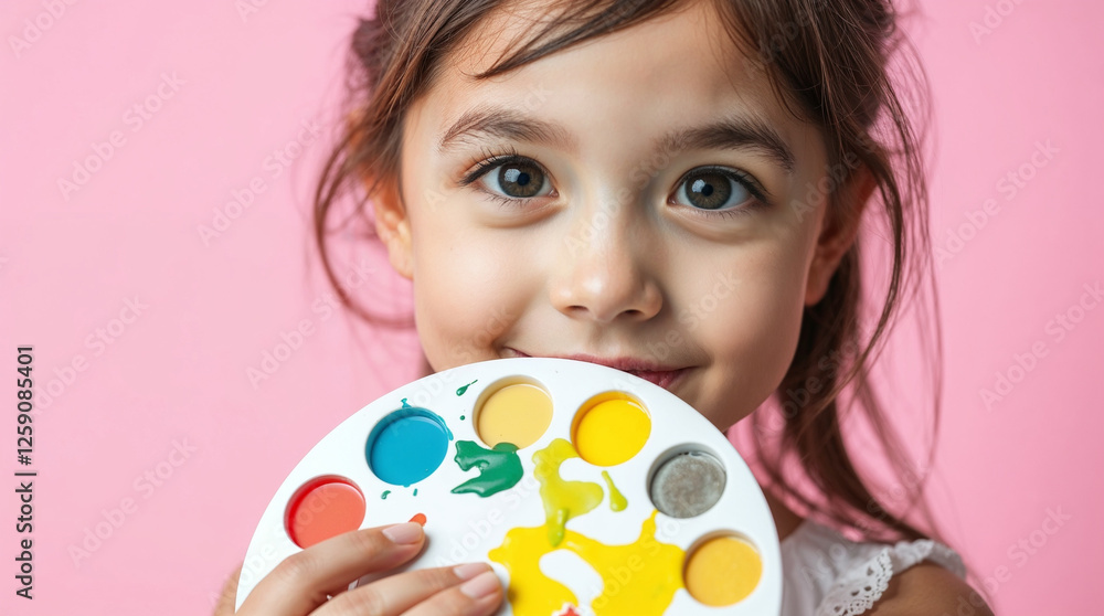 a little girl 10 years old with paints in her hands isolated on pink pastel background, children's creativity a little girl 10 years old with paints in her hands isolated on pink pastel background, children's creativity