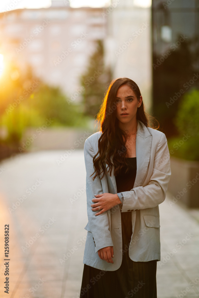 Businesswoman standing outside office building at sunset Businesswoman standing outside office building at sunset