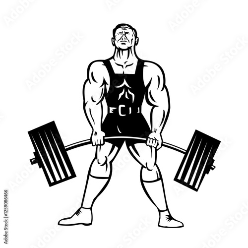 Retro style illustration of a powerlifter performing deadlift with barbell viewed from front on isolated background done in black and white.
