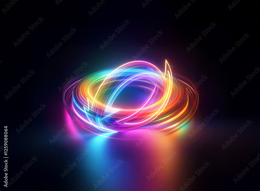Obraz premium Abstract rainbow light trails swirl in a double exposure effect. Vibrant and dynamic design against a dark backdrop. Glowing and colorful.