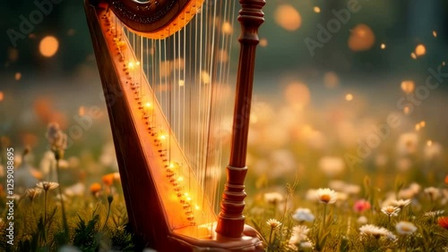 Enchanted Harp in a Meadow: A Magical Music Video with Fairy Lights and Flowers