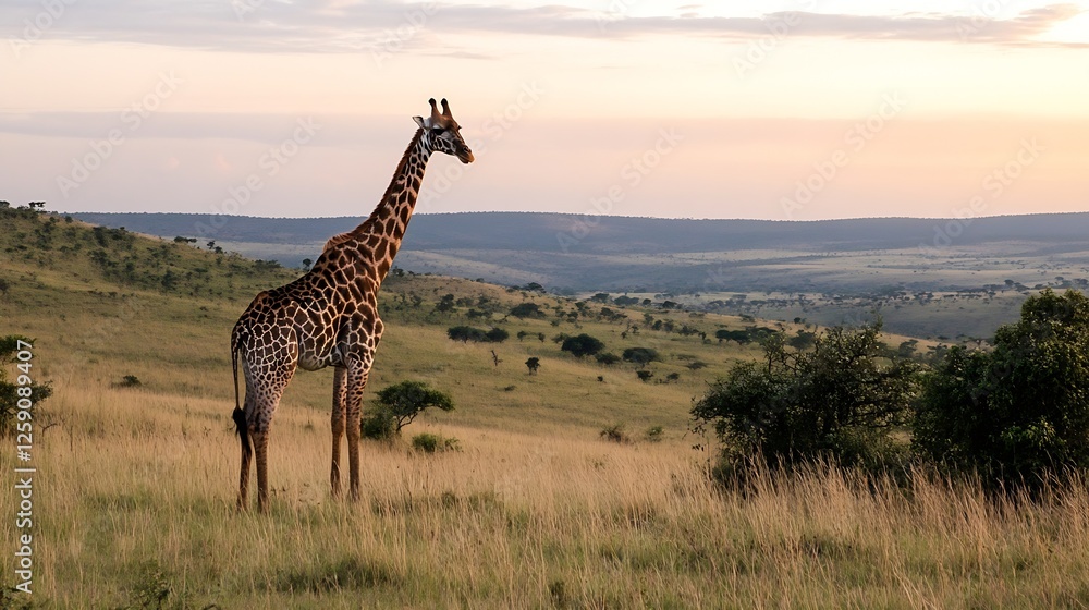 Fototapeta premium Majestic Giraffe Standing Tall in a Serene African Landscape Under a Beautiful Sunset : Generative AI