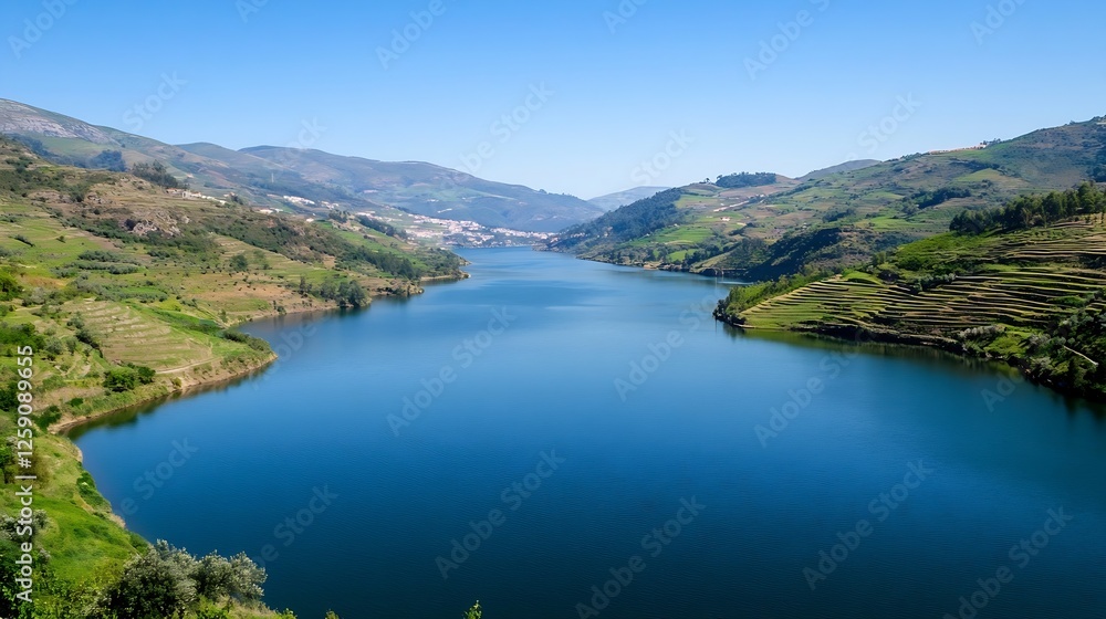 Scenic River with Azure Waters and Rolling Green Hills Under Bright Sunlight : Generative AI Scenic River with Azure Waters and Rolling Green Hills Under Bright Sunlight : Generative AI