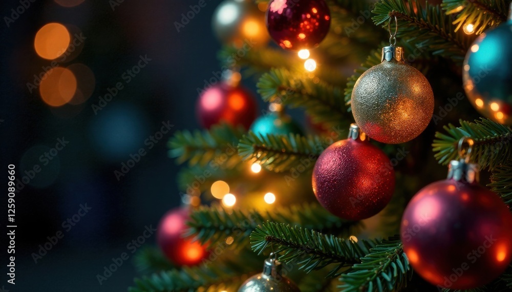 Close-up of a beautifully lit Christmas tree adorned with glittering ornaments and colorful lights, sparkle, lights, ornament Close-up of a beautifully lit Christmas tree adorned with glittering ornaments and colorful lights, sparkle, lights, ornament