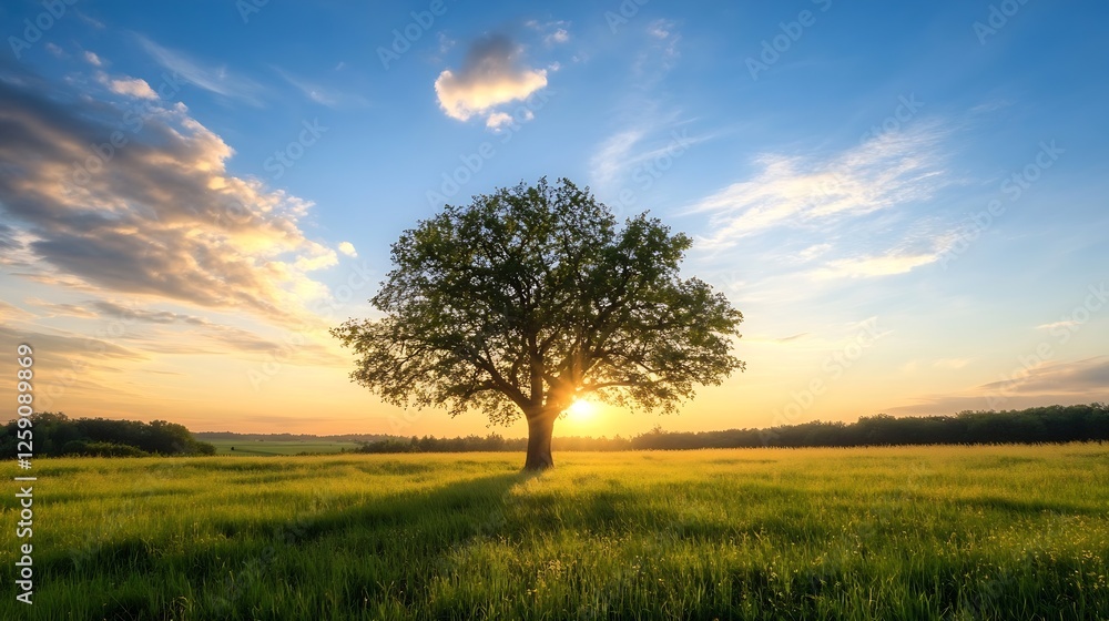 Fototapeta premium Majestic Tree Illuminated by the Setting Sun in a Serene Green Field : Generative AI
