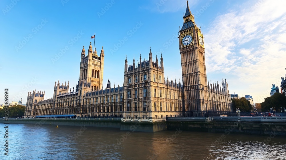 Fototapeta premium Iconic view of the Houses of Parliament and Big Ben with a clear sky : Generative AI