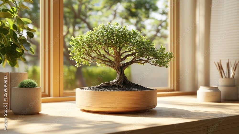 Serene Bonsai Tree Windowsill Sunlight Serene Bonsai Tree Windowsill Sunlight
