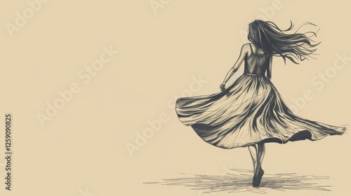 Artistic pencil sketch of a woman in a flowing dress, captured mid-motion. Minimalist design with soft tones enhances the serene, timeless aesthetic. AI generated.