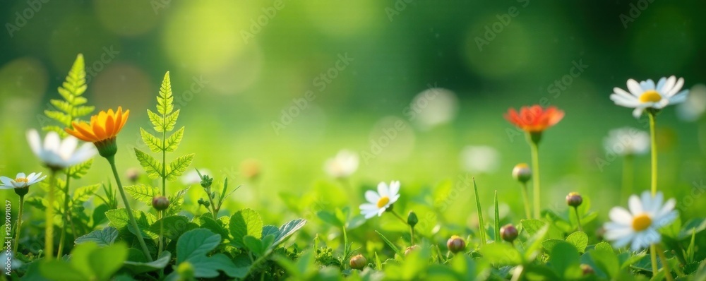 Close-up of delicate ferns and wildflowers in meadow, meadow, texture, foliage Close-up of delicate ferns and wildflowers in meadow, meadow, texture, foliage