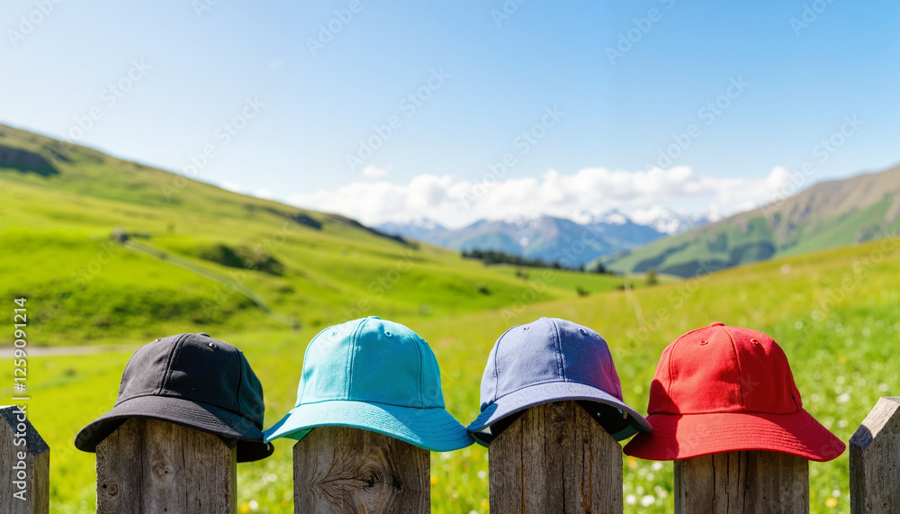 Colorful hats displayed on a wooden fence against a mountain landscape, Alpine Hat, Oktoberfest Colorful hats displayed on a wooden fence against a mountain landscape, Alpine Hat, Oktoberfest