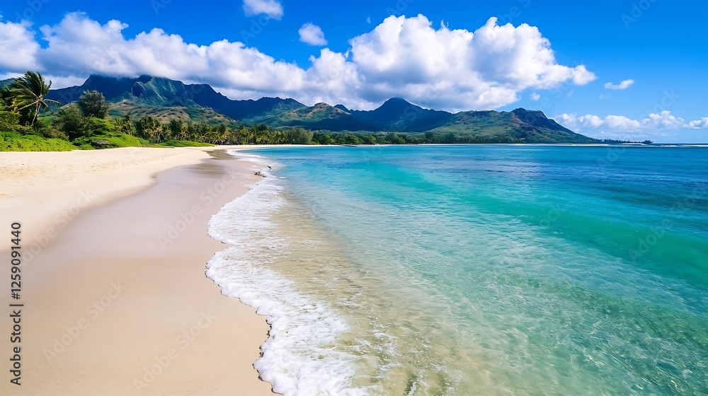 Obraz premium Beautiful Beach Scene with Clear Blue Water and Lush Green Mountains : Generative AI